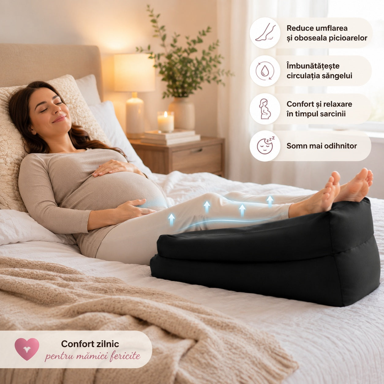 Femeie relaxată cu picioarele pe perna mediFLEX