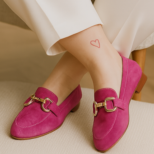 Pantofi dama din piele naturala intoarsa fucsia, flexibili si confortabili, din colectia Primavara/Vara 2025.