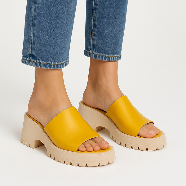 Papuci dama din piele naturala galben mustar, platforma inalta, stil casual, perfecti pentru vara 2025.