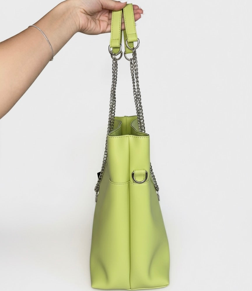 O bag, Geanta de umar pentru dama cu manere detașabile, verde lime, având manere laterale cu lant.