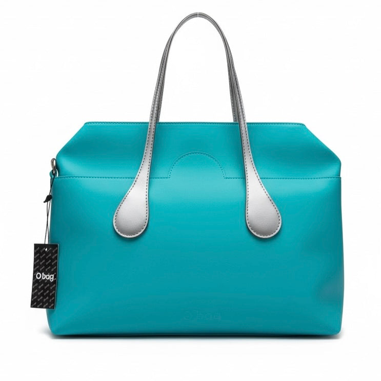 O bag, Geanta de umar pentru dama cu manere detașabile, turcoaz, din material termoplastic, design modern.