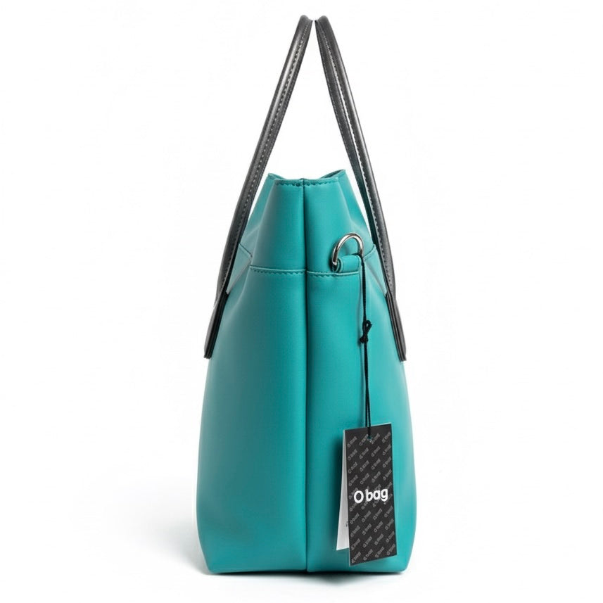 O bag, Geanta de umar pentru dama cu manere detașabile, turcoaz - imagine laterală cu tag.
