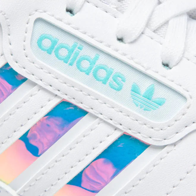 adidas Sneakers Continental 80 Stripes close-up showing white design and signature blue logo on the side.