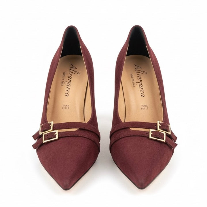 Pantofi dama din piele intoarsa grena cu catarame, inchidere clasica, inaltime toc 5.5cm, Altramarea, Colectia Toamna 2024.