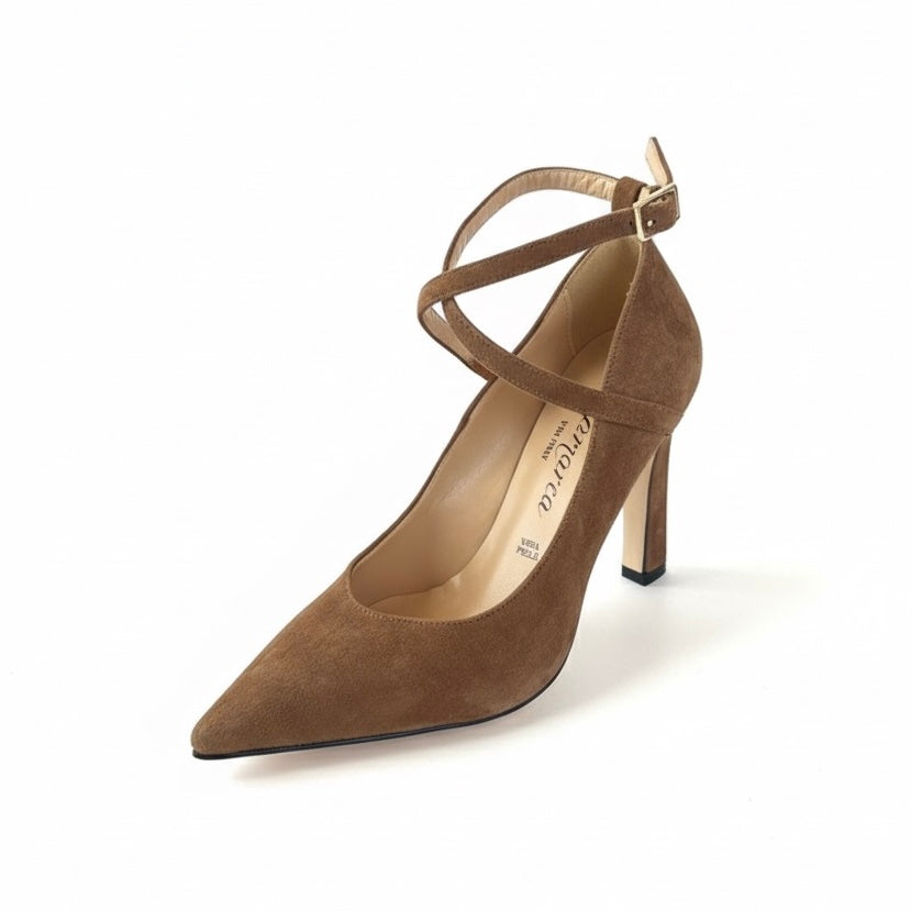 Pantofi dama din piele naturala intoarsa maro cu toc de 10 cm, colectia Toamna 2024, Made in Italy.