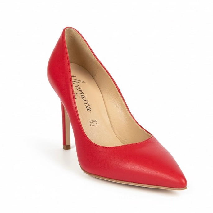 Pantofi dama rosii din piele naturala, inaltime toc 9.5 cm, colectia Toamna 2024, Made in Italy.