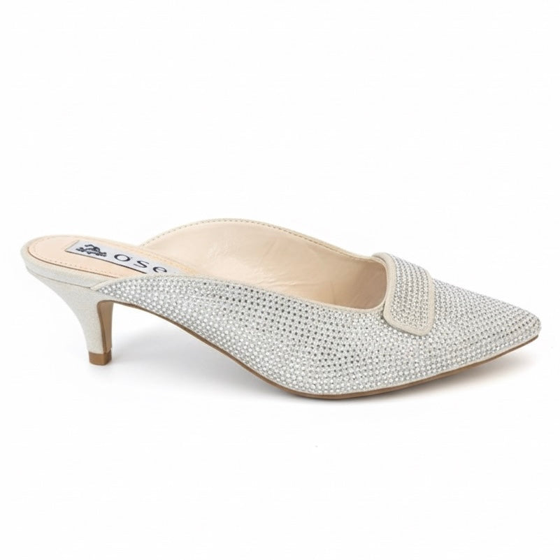 Pantofi dama cu toc mic, argintiu, Osey Sand AG25YES cu material textil si paiete aplicate, inaltime toc 5 cm.