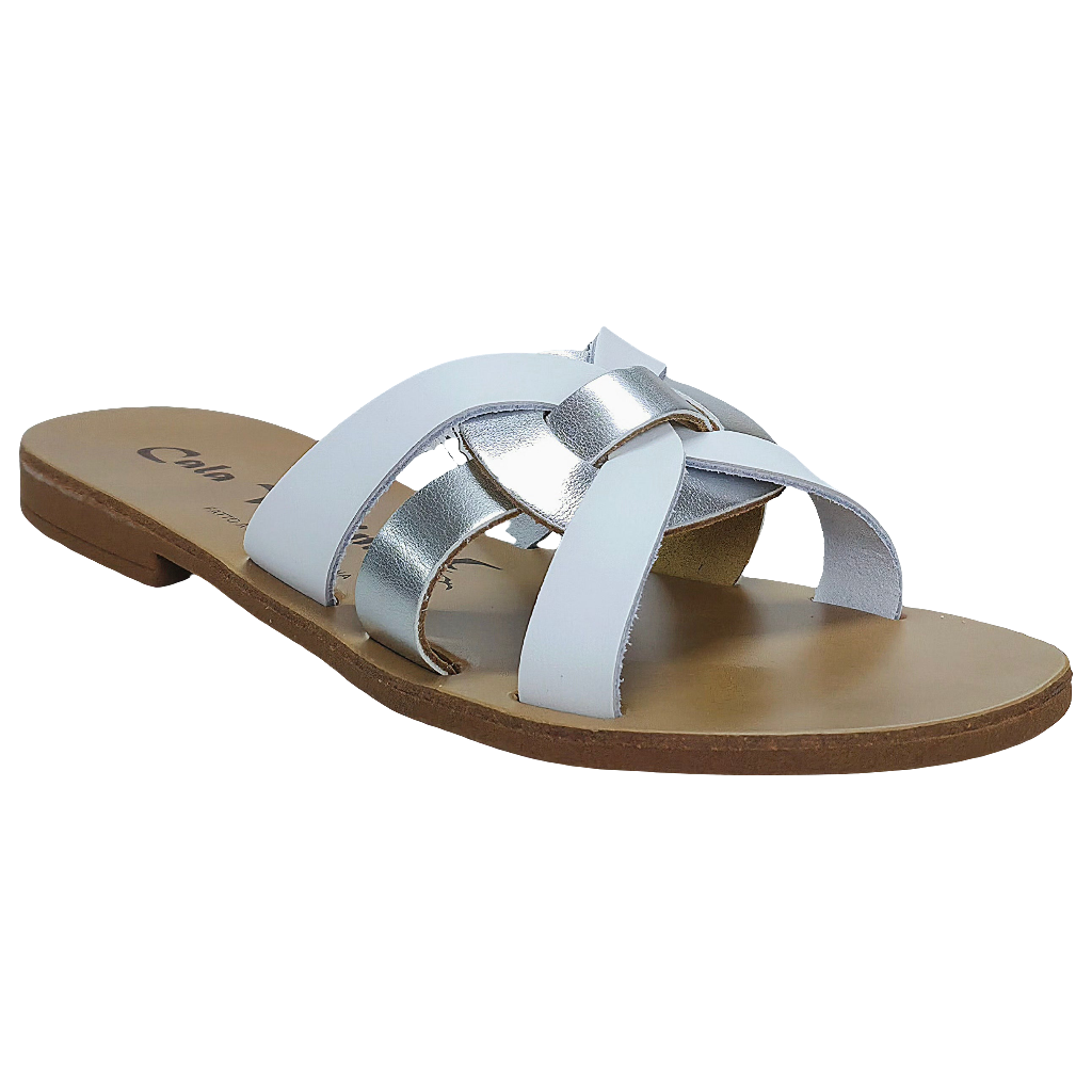 Papuci dama din piele naturala, Alb/Argintiu, design elegant, colectia Vara 2025, fabricati in Italia.