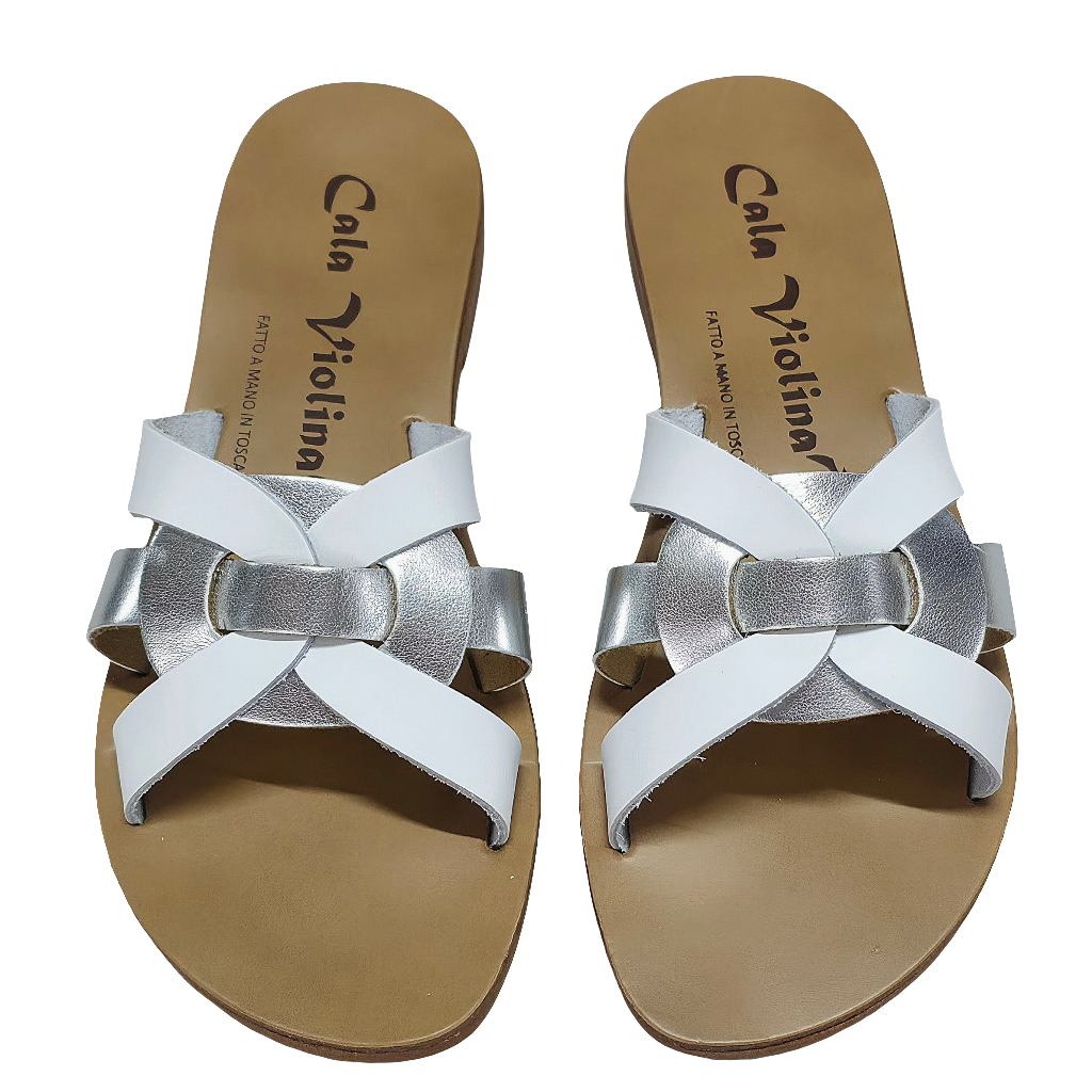 Papuci dama Alba/Argintii din piele naturala, Cala Violina, Colectia Vara 2025, Made in Italy