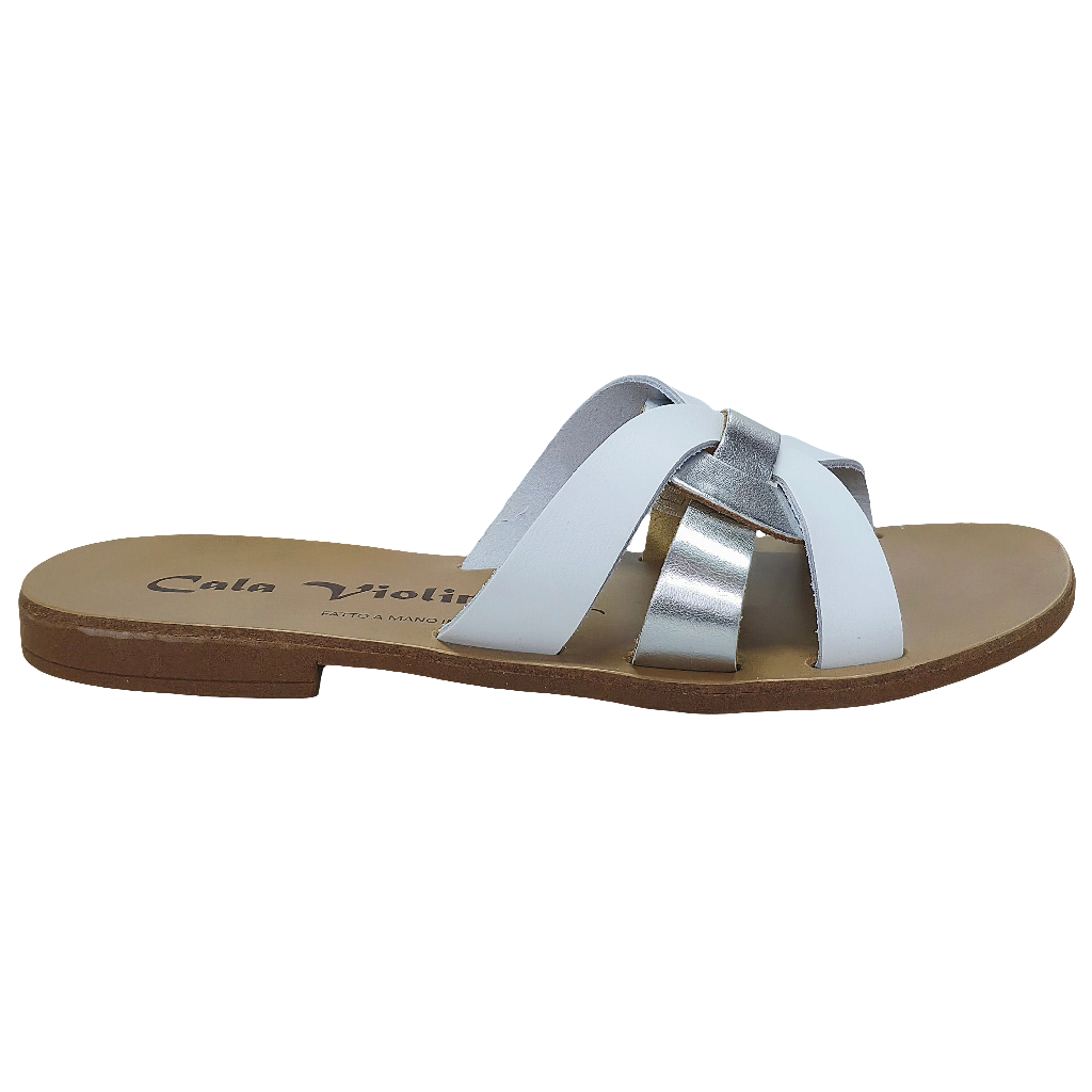 Papuci dama din piele naturala alb/argintiu Cala Violina, made in Italy, colectia Vara 2025.