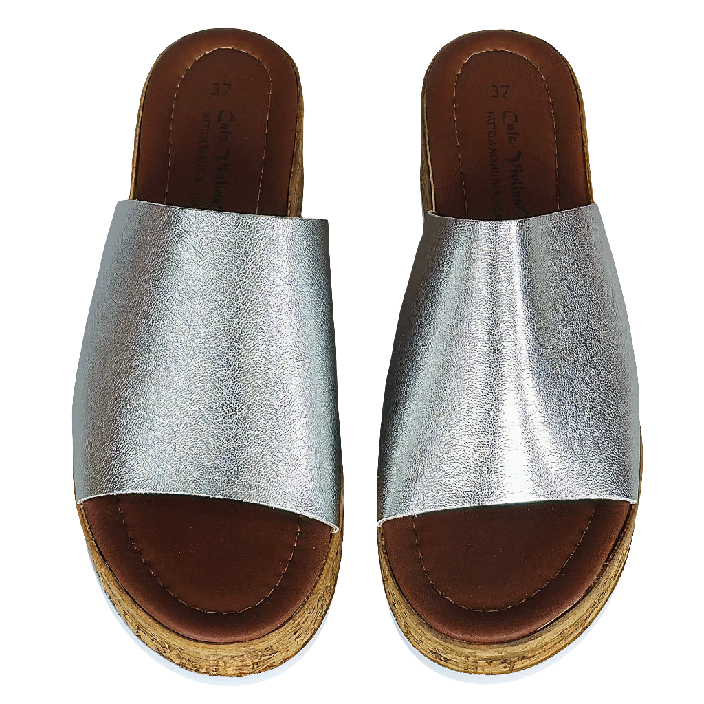Papuci dama din piele naturala argintii cu platforma, confortabili, stilati, din colectia Vara 2025, Made in Italy.