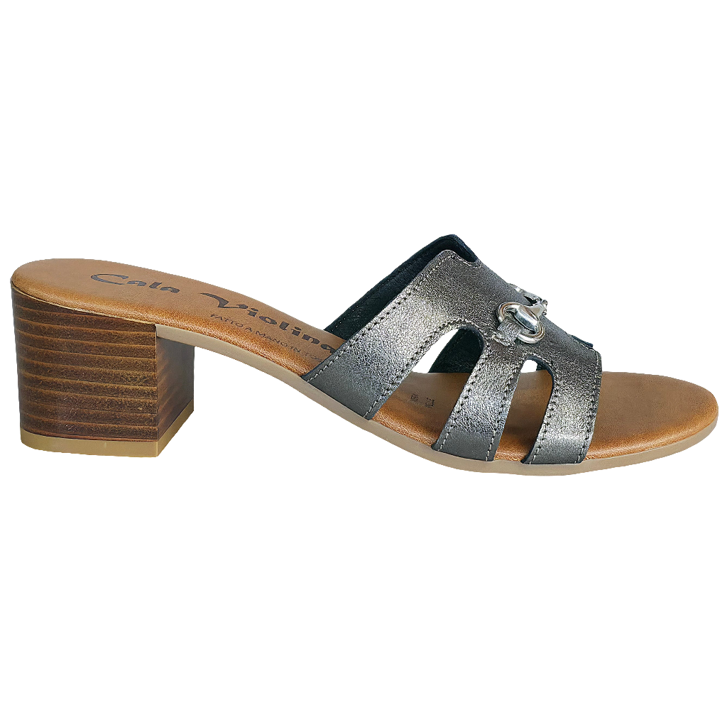 Papuci dama din piele naturala Metal-Cala Violina, cu toc de 5 cm, recomandati pentru vara 2025, fabricati in Italia.