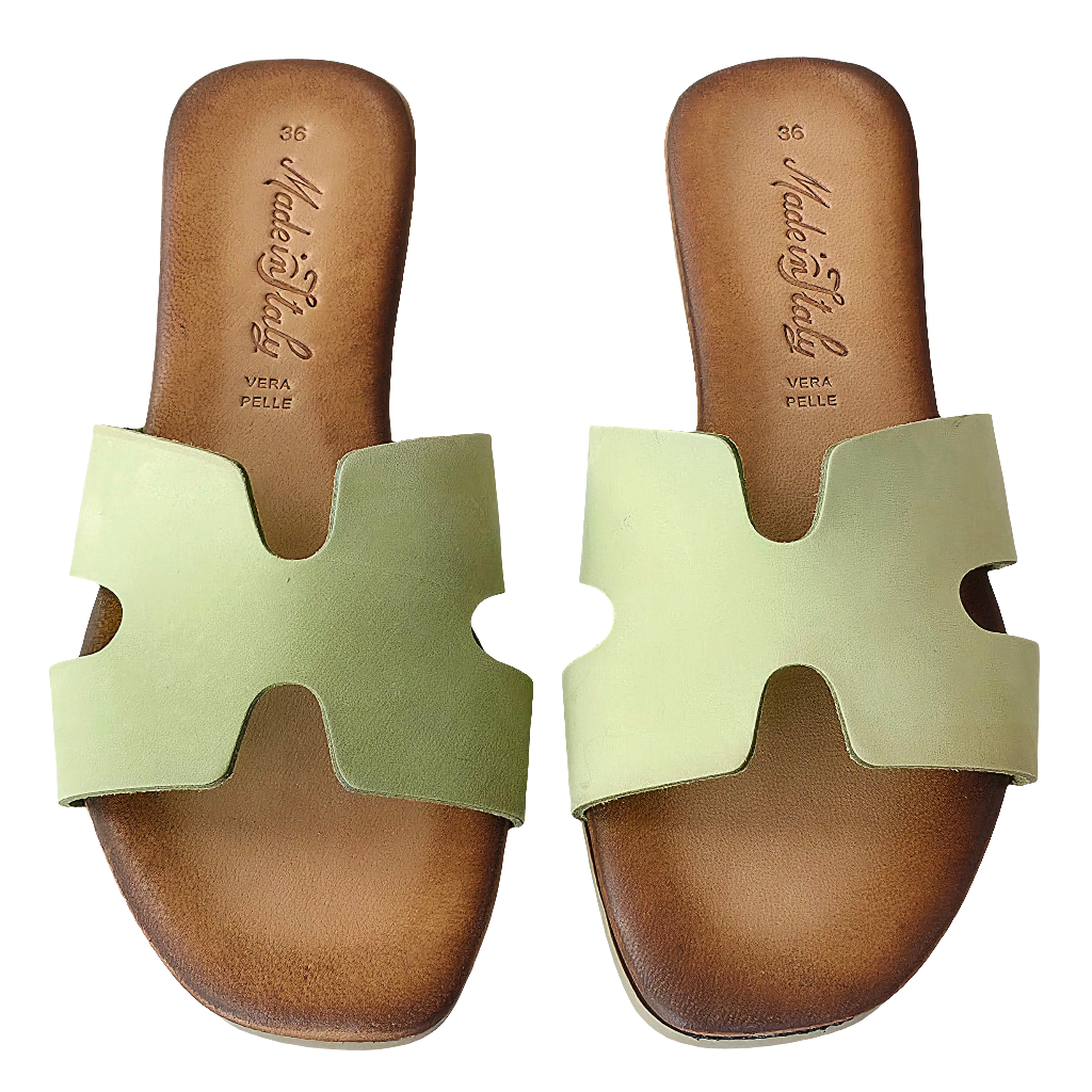 Papuci dama din piele naturala tabacita, talpa cu memorie, Salvia-Doreo, culoare verde, colectia Vara 2025.