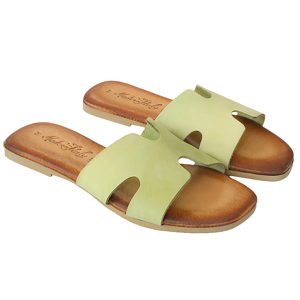 Papuci dama din piele naturala tabacita, talpa cu memorie, model Salvia-Doreo, culoare verde, colectia Vara 2025.