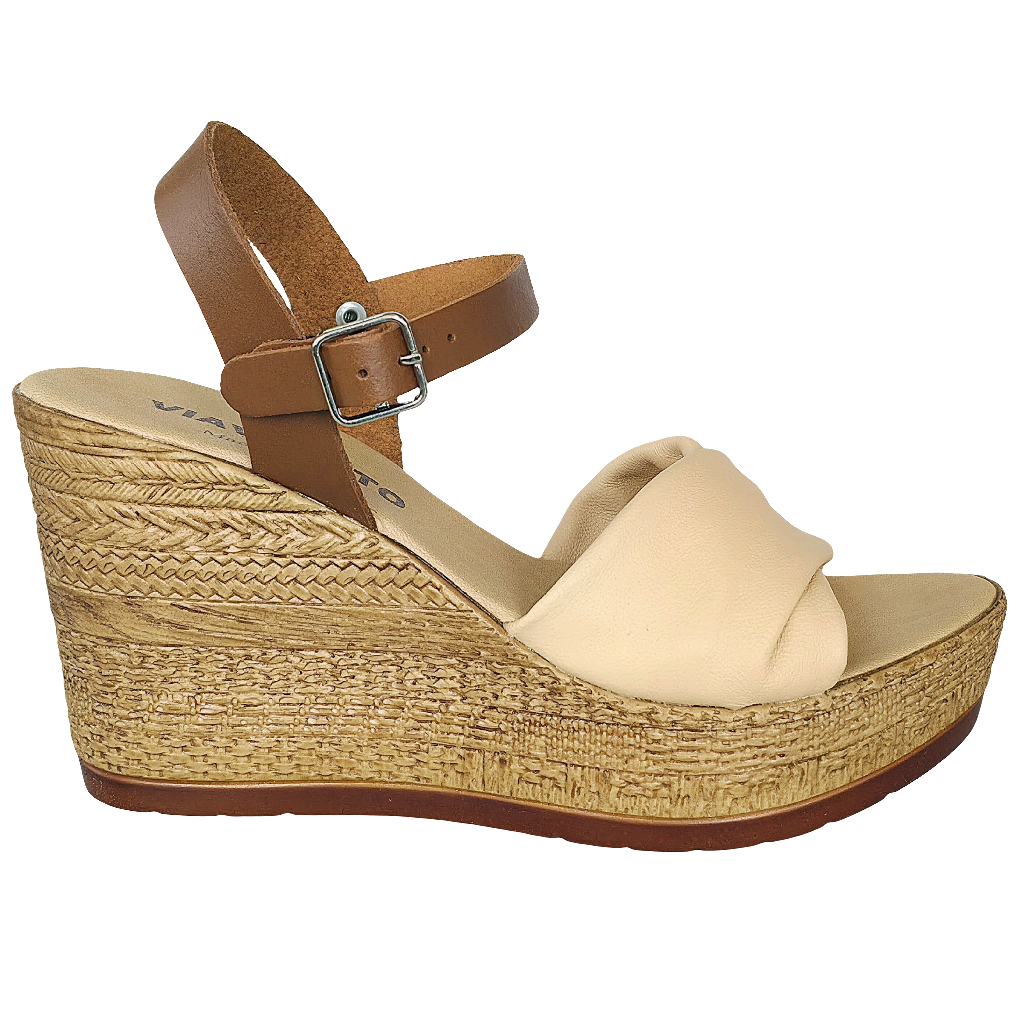 Sandale dama din piele naturala, maro si crem, cu talpa espadrile, made in Italy, pentru vara 2025.