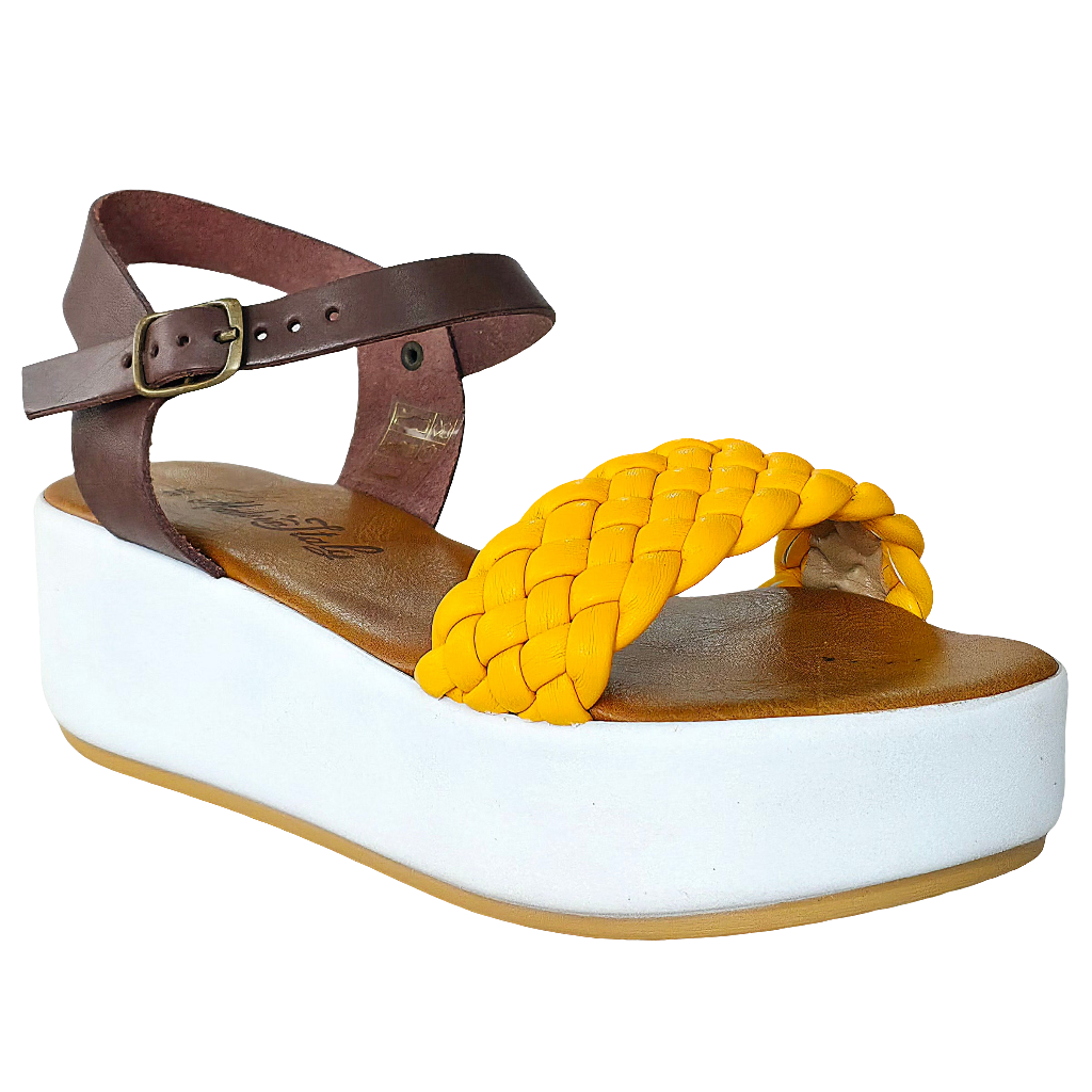 Yellow natural leather women's sandals from Italy, lightweight platform sole, 5.5 cm heel, summer collection 2025.