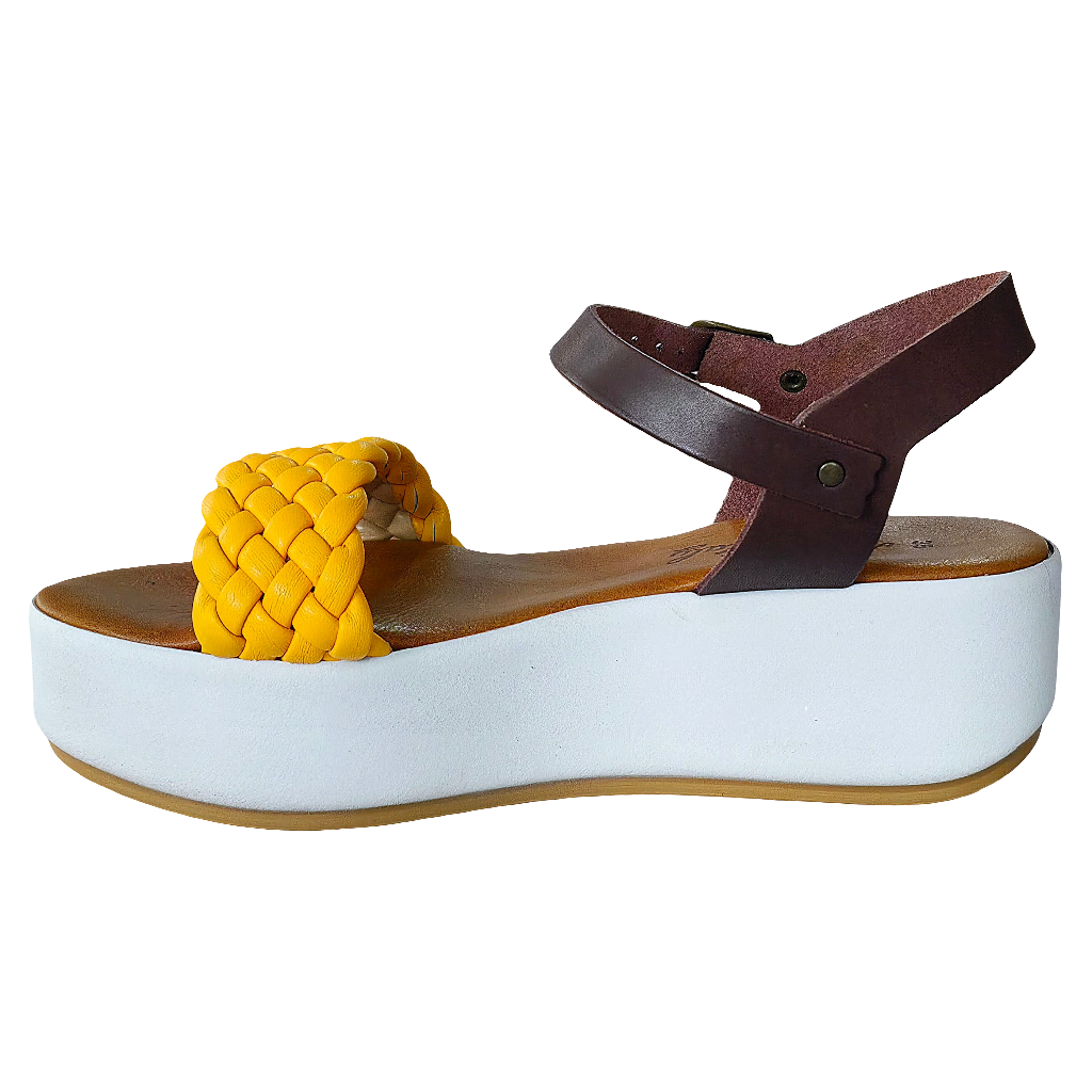 Yellow leather sandals with braided strap, 5.5 cm platform sole, Made in Italy, perfect for summer 2025.