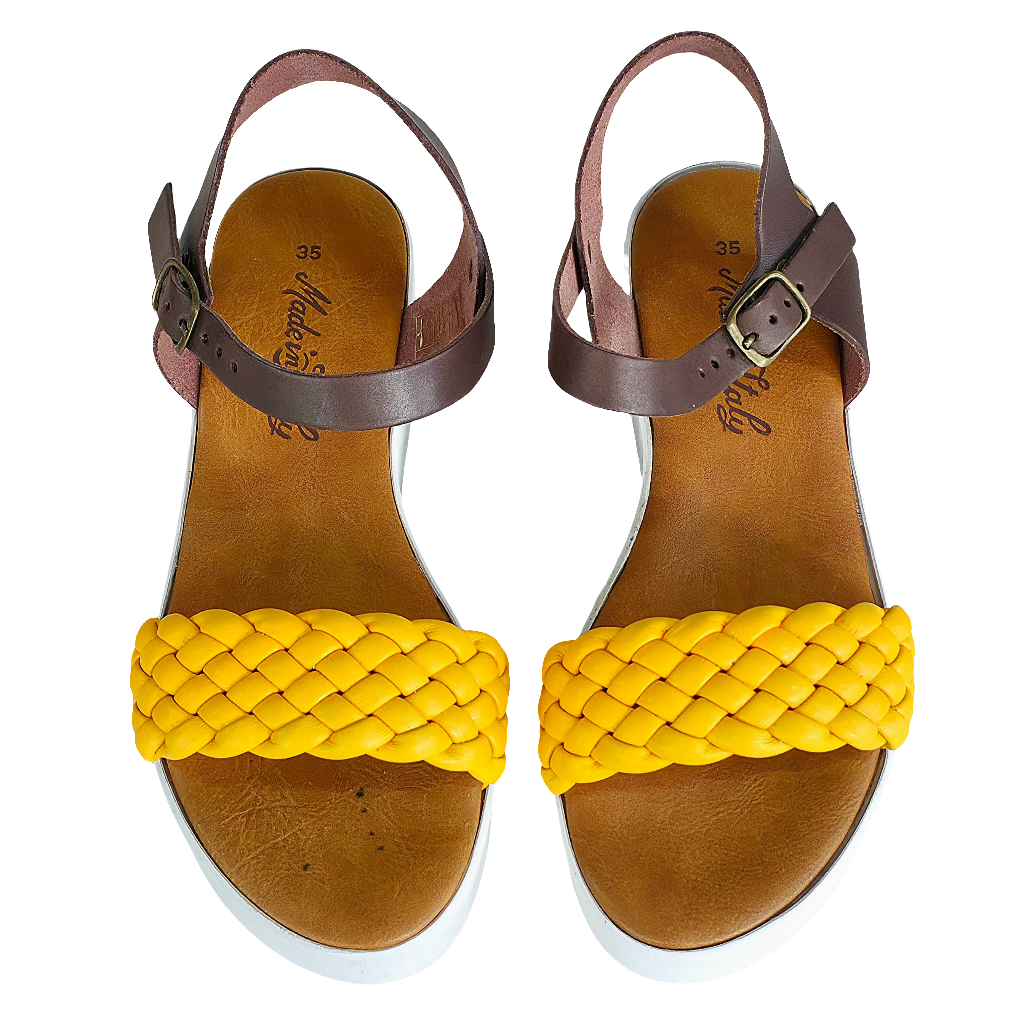 Sandale dama piele naturala galbene, cu curea, Made in Italy, Colectia Vara 2025, talpa usoara 5.5 cm.