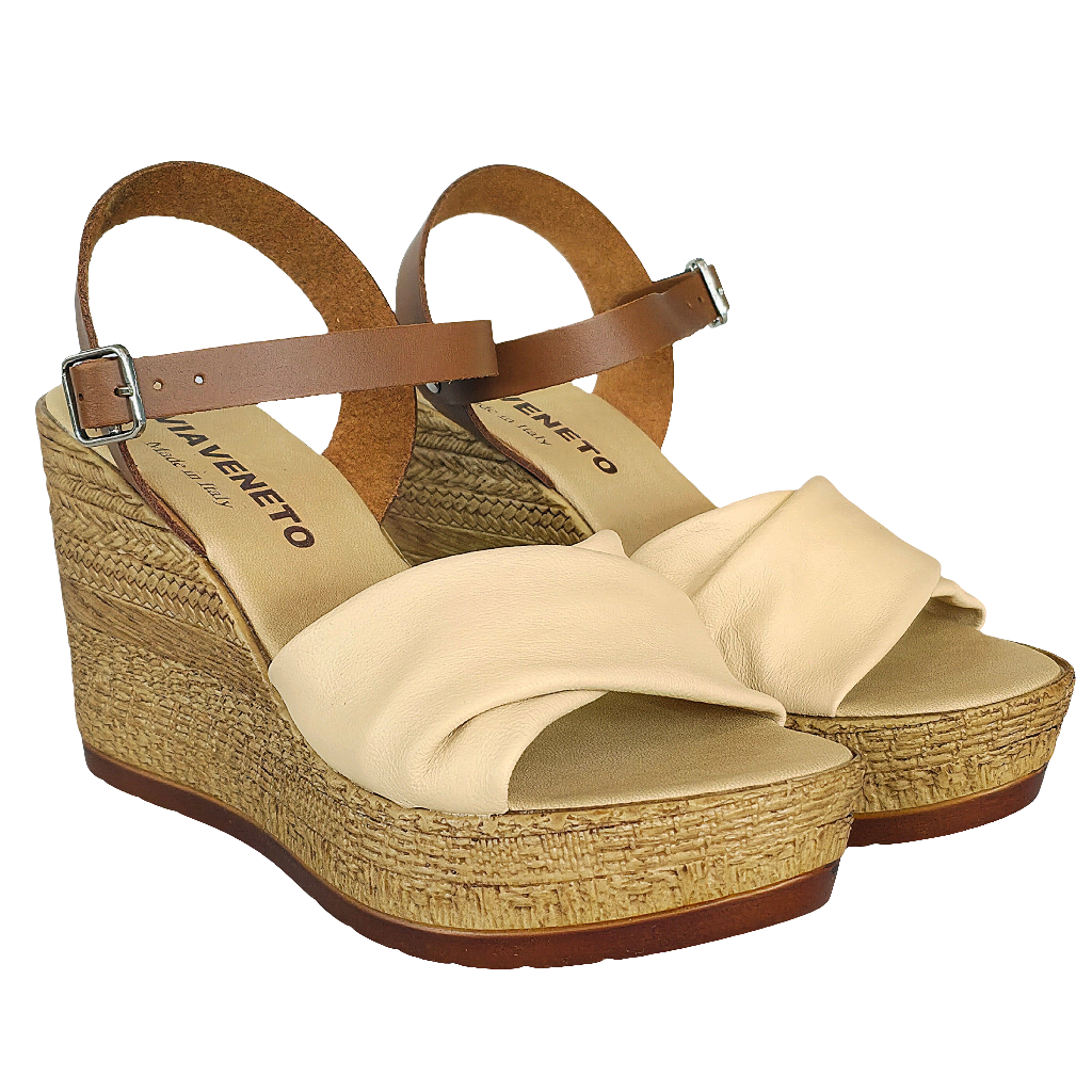 Sandale dama din piele naturala maro/crem, platforma 9.5 cm, Made in Italy, colectia Vara 2025.