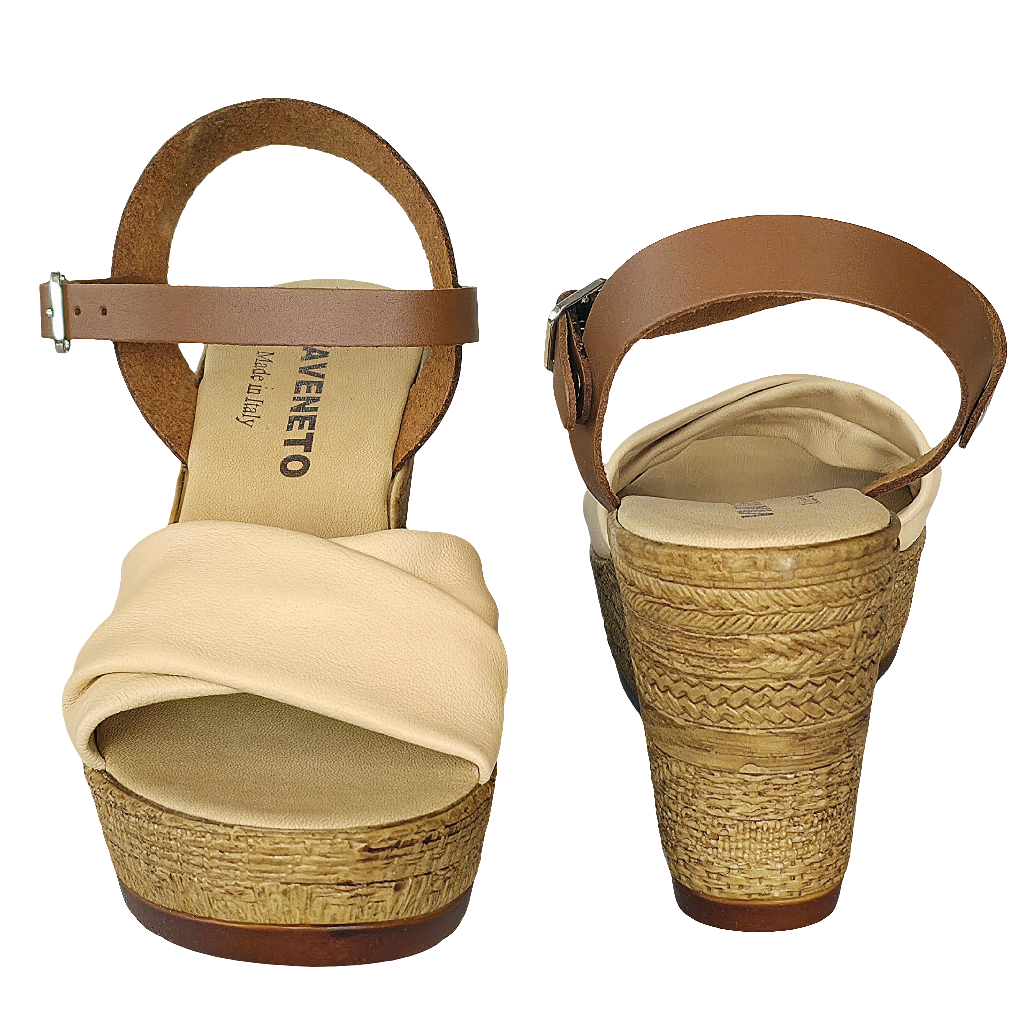 Sandale dama din piele naturala, Maro/Crem, cu talpa ecologica, made in Italy, inaltime platforma 9,5 cm.