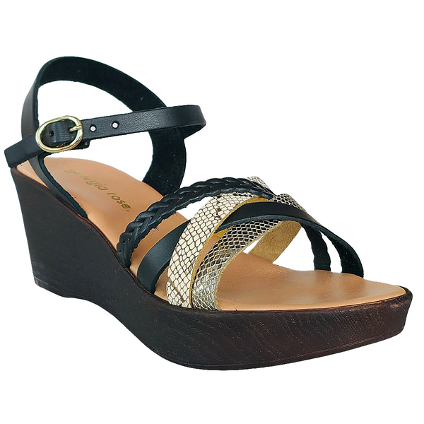 Sandale dama din piele naturala, negru/auriu, zeppa de 6,5 cm, made in Italy, Colectia Vara 2025.