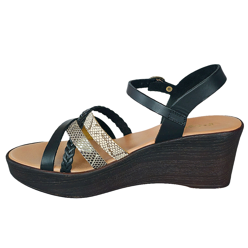 Sandale dama din piele naturala negru/auriu, cu talpa ecologica, made in Italy, colectia Vara 2025, inaltime platforma 6,5 cm.