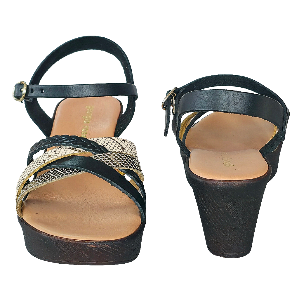 Sandale dama din piele naturala, negru/auriu, cu platforma, made in Italy, colectia Vara 2025.