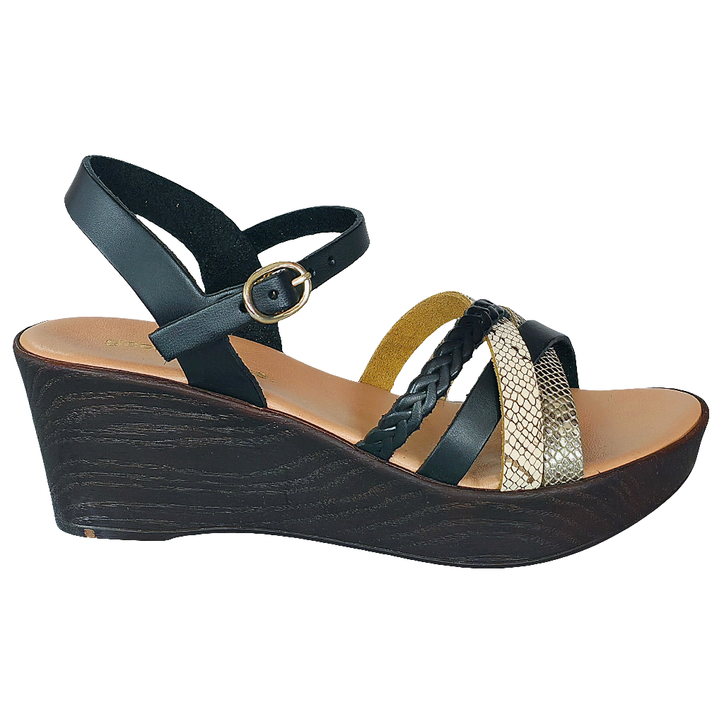 Sandale dama din piele naturala, negru/auriu, cu platforma, Made in Italy, Colectia Vara 2025.