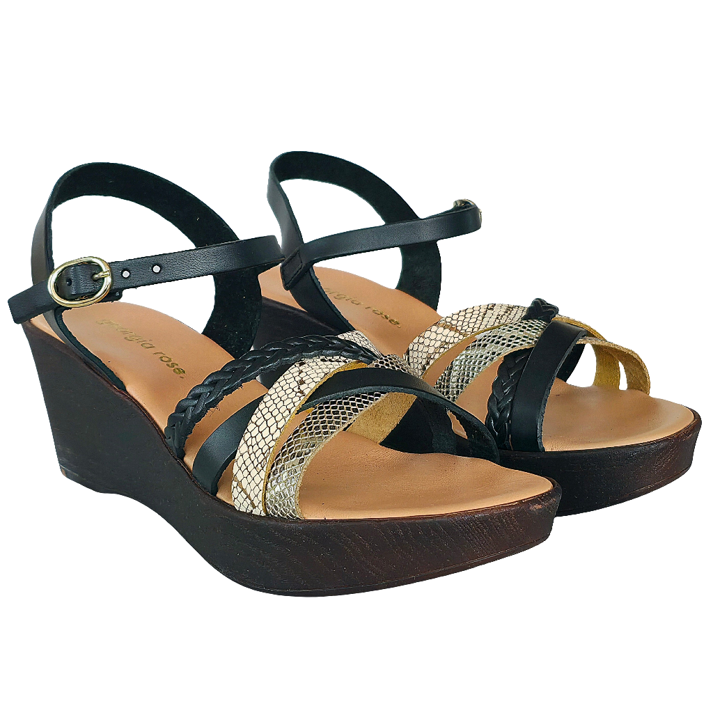 Sandale dama din piele naturala, negru si auriu, cu talpa din piele ecologica, zeppa 6,5 cm, Made in Italy.